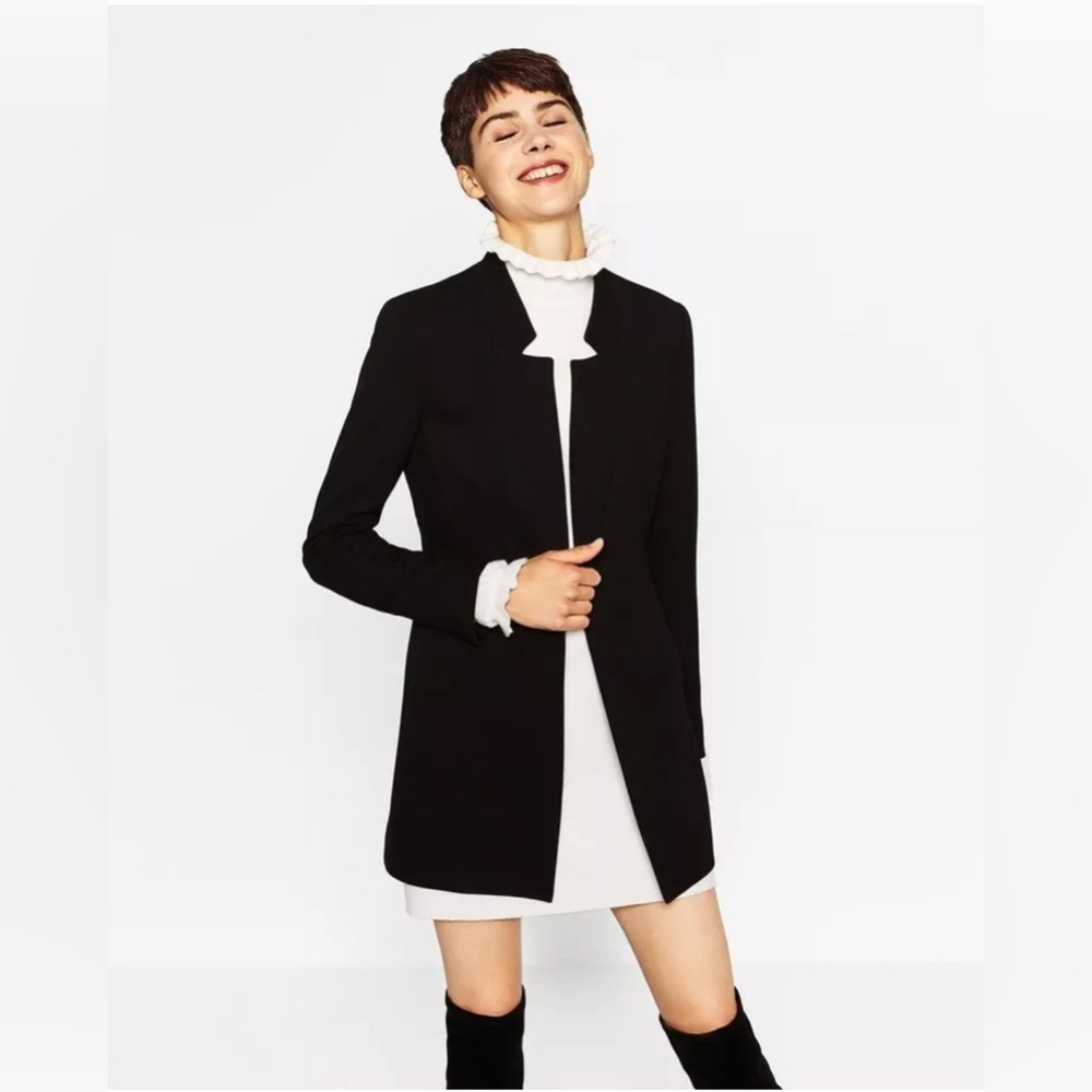 ZARA Inverted Lapel Blazer | Black Long Line Frock Coat | Womens Large